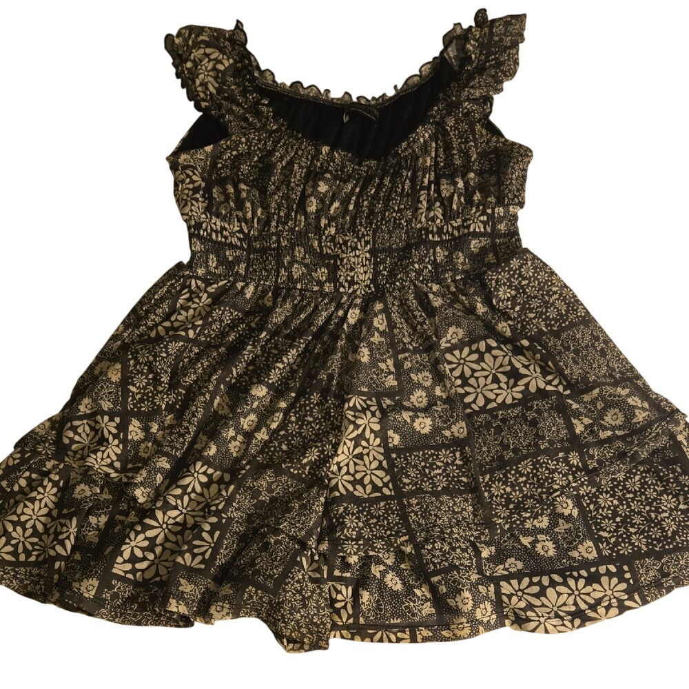 Urban Outfitters Floral Patchwork Smocked Romper Black White Ruffle Sleeve Large